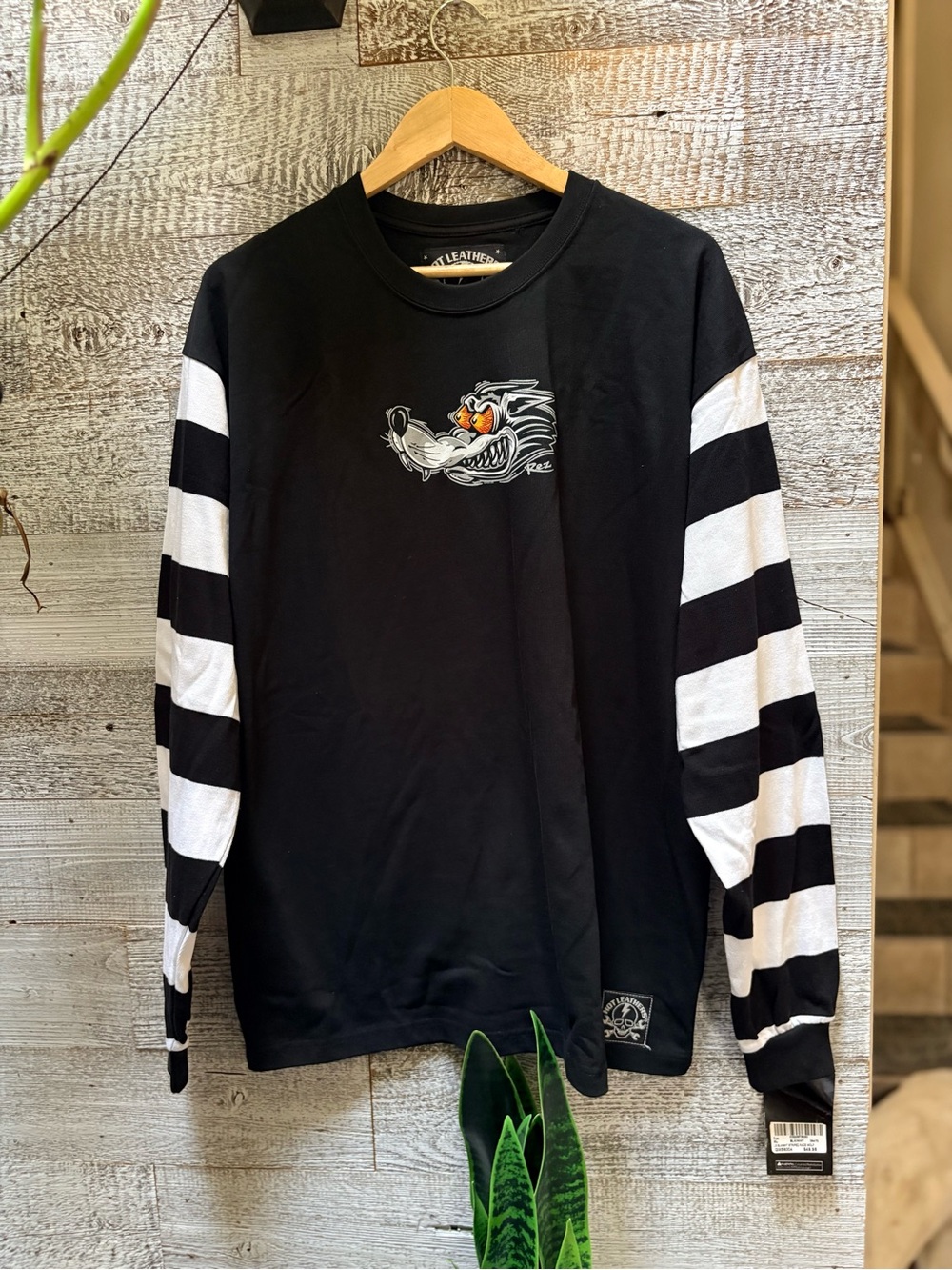 Hot Leathers | NWT "Race Wolf" Long-Sleeved B/W Striped Shirt  - Men's XL